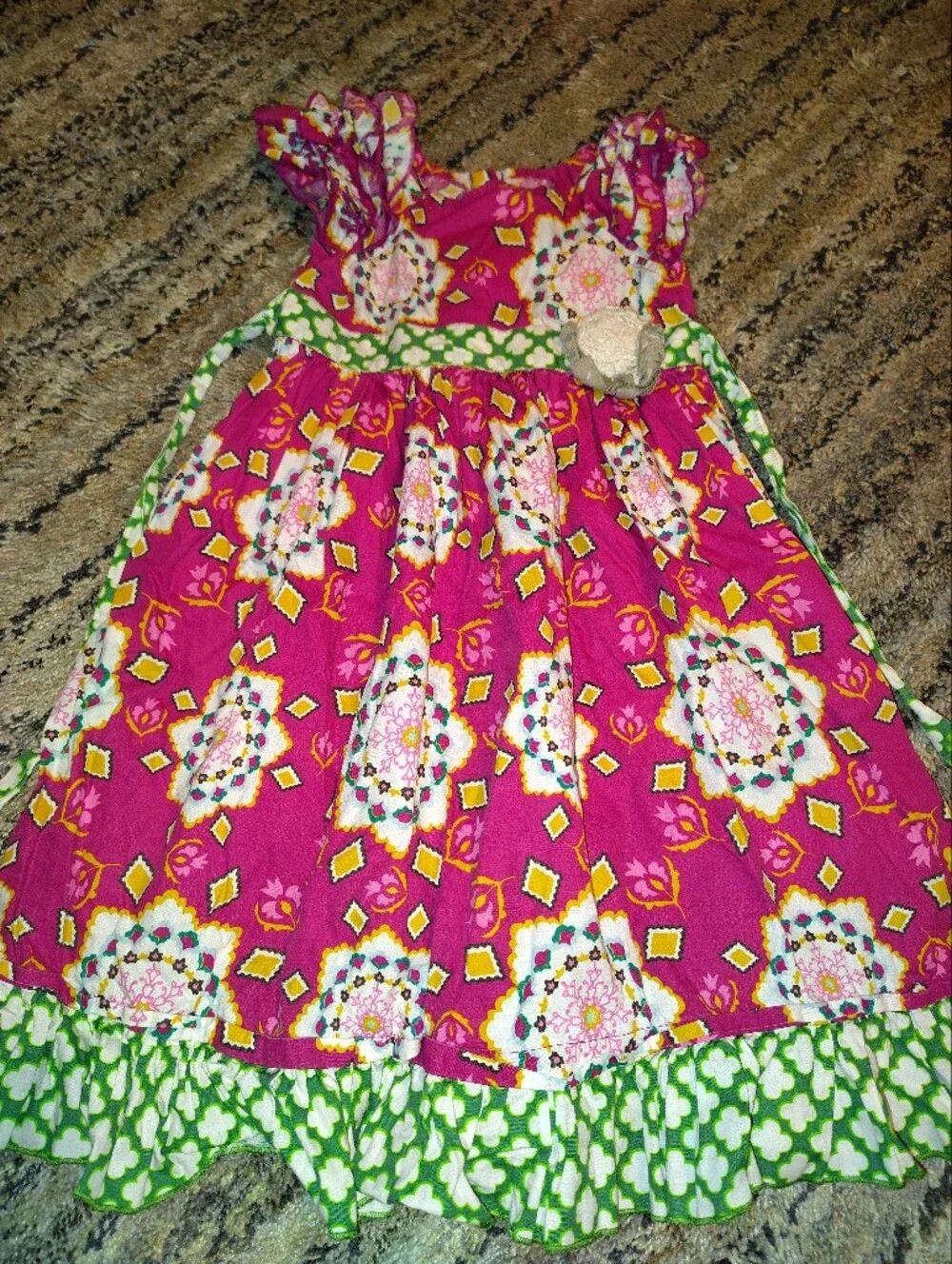 Mustard Pie Hot Pink Medallion Dress with Green Trim